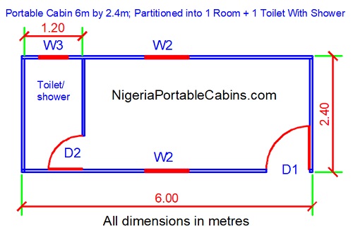 6m by 2.4m portacabin 1 room and 1 toilet with shower