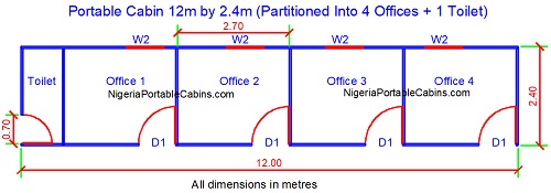 Floor Plan For 12 metres by 2.4 metres portacabin with toilet