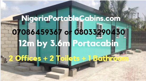 Picture of 12m by 3.6m portacabin made in Nigeria. This portable cabin is partitioned into 2 offices, 2 toilets and 1 bathroom. We also manufacture to client specifications. 12m by 3.6m Portable Cabin Nigeria comprising 2 offices, 2 toilets and 1 bathroom