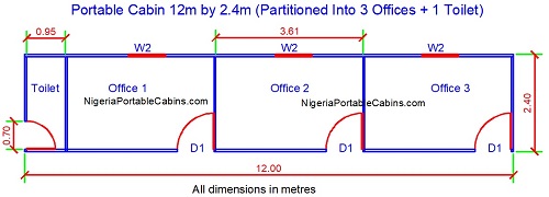 Floor Plan For 12 metres by 2.4 metres portacabin partitioned with 1 toilet