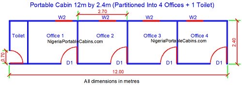 Floor Plan For 12 metres by 2.4 metres portacabin with toilet